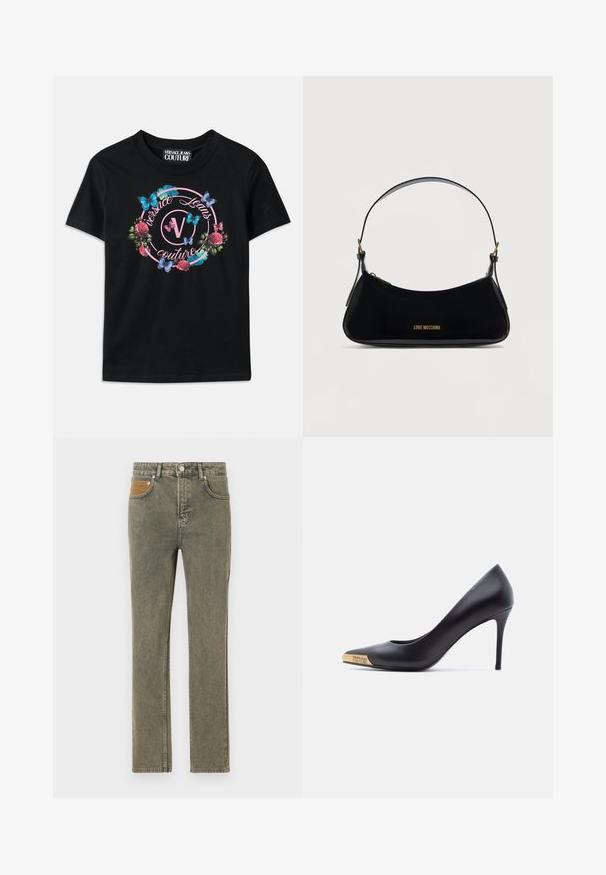 Schwarzes T-Shirt mit einem bunten Blumen- und Schmetterlingsmotiv in Pink- und Blautönen. "Versace Jeans Couture" in einem kreisförmigen Design aufgedruckt.; Grüne Denim-Jeans mit geradem Bein, die eine braune Korduroytasche als Akzent und zarte Verwaschungen im Stoff aufweisen.; Schwarzer Leder-Pumps mit hohem Absatz und spitzer Zehenpartie, goldene Metallspitze mit Gravur "Versace Jeans Couture", seitliche Ansicht vor weißem Hintergrund.; Schwarze Umhängetasche aus Lackleder mit geschwungener Form, goldfarbenem "LOVE MOSCHINO"-Logo vorne und verstellbarem Riemen mit goldfarbenen Beschlägen.