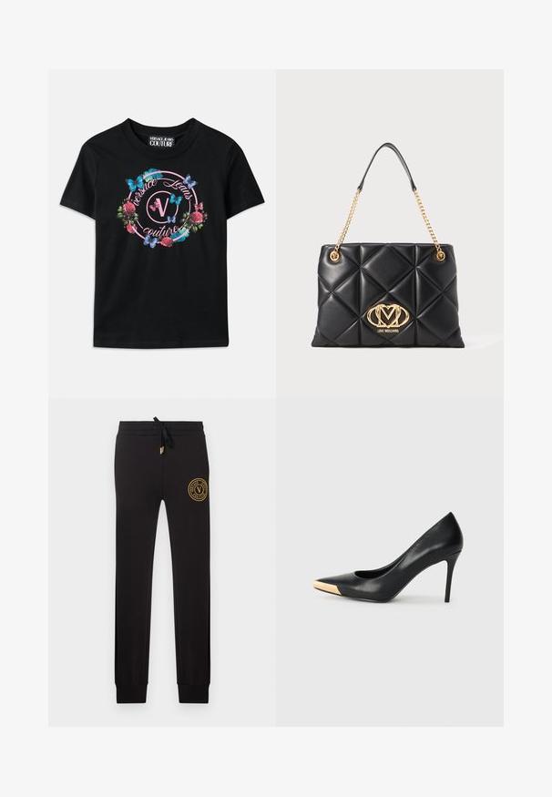 Camiseta negra con un gráfico colorido de flores y mariposas, con acentos en rosa y azul. "Versace Jeans Couture" impreso en un diseño circular.; Pantalones jogger negros de corte ajustado con cintura ajustable con cordón y parche con el logo dorado de Versace Jeans Couture en la parte superior del muslo izquierdo.; Zapato de tacón alto de cuero negro con puntera afilada; presenta un detalle metálico dorado en la tapa del tacón. Superficie lisa con un diseño elegante.; Bolso acolchado negro de imitación cuero con una correa de cadena dorada, que presenta un destacado logo dorado y un patrón de diamantes en la superficie.