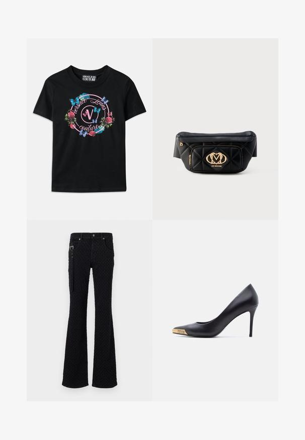 Camiseta negra con un gráfico colorido de flores y mariposas, con acentos en rosa y azul. "Versace Jeans Couture" impreso en un diseño circular.; Jeans negros de campana con una tela texturizada y un patrón sutil, accesorios de metal plateado y bolsillos frontales. Detalle con cremallera en el costado.; Zapato de tacón alto de cuero negro con punta puntiaguda, punta metálica dorada grabada con "Versace Jeans Couture", mostrado de lado sobre fondo blanco.; Riñonera de cuero negro acolchada con placa dorada del logo Love Moschino y bolsillo frontal con cremallera sobre fondo blanco.