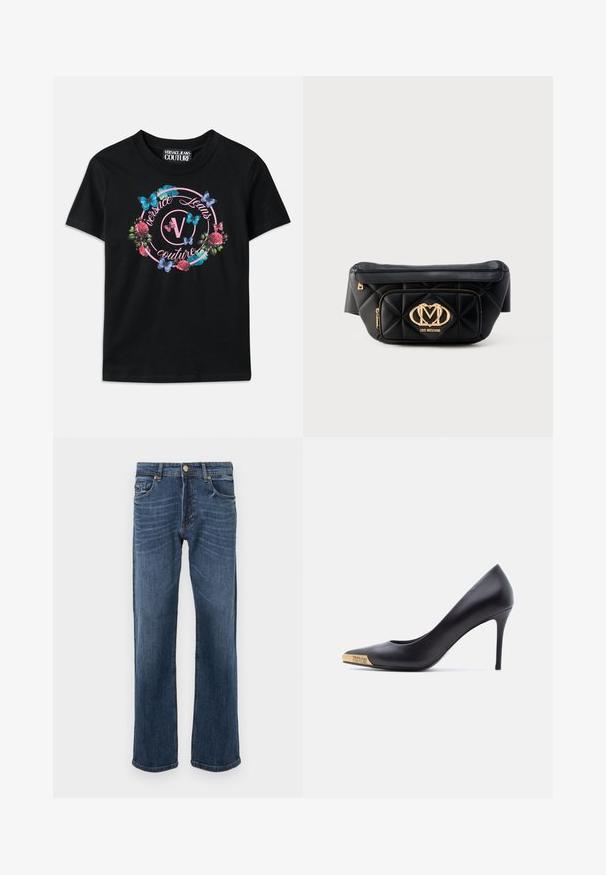 Zwarte T-shirt met een kleurrafloraal en vlinderontwerp, met roze en blauwe accenten. "Versace Jeans Couture" gedrukt in een cirkelontwerp.; Donkerblauwe denim jeans met een recht model, voorzien van vijf zakken en een metalen knoopsluiting. Soepele textuur met lichte vervaging details.; Zwarte leren pump met hoge hak en puntige neus, gouden metalen uiteinde gegraveerd met "Versace Jeans Couture," gezien vanaf de zijkant op een witte achtergrond.; Zwarte doorgestikte lederen riemtas met gouden Love Moschino logoplaatje en ritssluiting aan de voorkant op witte achtergrond.