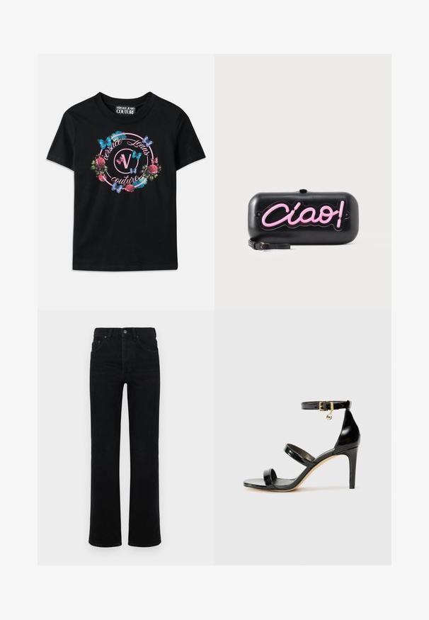 Schwarzes T-Shirt mit einem bunten Blumen- und Schmetterlingsmotiv in Pink- und Blautönen. "Versace Jeans Couture" in einem kreisförmigen Design aufgedruckt.; Schwarze Jeans aus Denim mit hoher Taille, geradem Bein, fünf Taschen und einem Knopfverschluss vorne. Glatte Textur, minimale Details.; Schwarze Lackleder-Sandale mit drei Riemen, Knöchelriemen und 10 cm hohen Stiletto-Absatz. Verfügt über goldfarbene Hardware-Details und ein Logo-Charm.; Schwarze rechteckige Clutch mit pinkem Neon-„Ciao!“-Schriftzug und kleinem schwarzem Handgelenksriemen auf weißem Hintergrund.