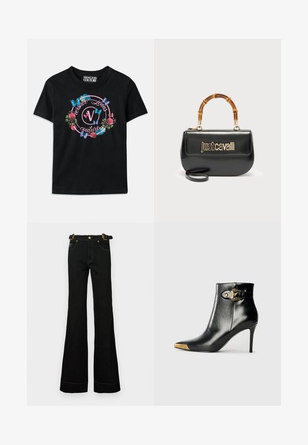 Čierne tričko s farebnou kvetinovou a motýľovou grafikou, so ružovými a modrými akcentmi. Nápis "Versace Jeans Couture" vytlačený v kruhovom dizajne.; Čierne rozšírené džínsy s vysokým pásom, s textúrovaným opaskom, zlatými detailmi a kontrastným bielym prešívaním pozdĺž švov.; Čierna členková čižma z lesklej kože s špicatou špičkou, ihličkovým podpätkom a zlatými ozdobami vrátane dekoratívnej prackovej detaily.; Čierna kožená kabelka so zlatým logom „Just Cavalli“ na prednej strane a zakrivenou bambusovou rúčkou, vybavená odnímateľným dlhým popruhom.