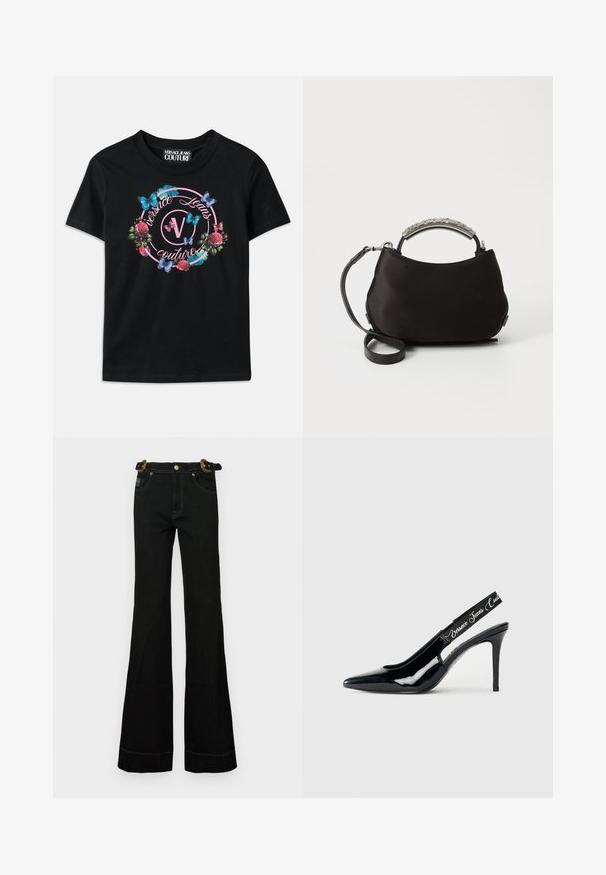 Must musträtik featuring colorful lillede ja liblikate graafika, roosa ja sinise aktsendiga. "Versace Jeans Couture" trükitud ringikujulises disainis.; Mustad flared teksad kõrge vöökohaga, millel on tekstuuriga vöö, kuldne riistvara ja kontrastne valge õmblus mööda vigu.; Must must kuld- ja patendi nahast slingback kontsaga kingad terava varba kujundusega, millel on lõikeosa ja elastne rihm, milles on brändi nimi reljeefina sisse pressitud.; Must mustritud musta satiinist käekott, millel on kaarjas hõbedane käepide ja eemaldatav must rihm. Pehme tekstuur ja ümar kuju koos minimalistikku disainiga.