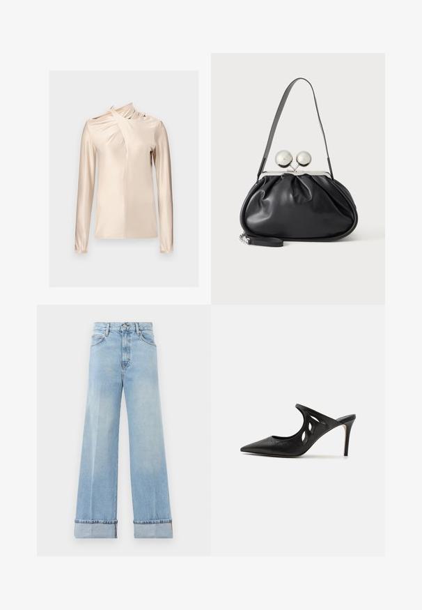 Rabanne Top s dlhým rukávom - skin nude; Svetlo modré široké džínsy vyrobené z denimu, s vysokým pásom, rolovanými lemami a klasickým dizajnom s piatimi vreckami. Čisté spracovanie s minimálnym opotrebovaním.; Čierne kožené vysoké špičaté papuče s výrezmi po stranách a hladkou textúrou. Stiletto podpätok a jemný steh.; Čierna kožená kabelka so zhlukovým dizajnom, jedným popruhom, strieborným kovovým rámom a dvoma veľkými okrúhlymi striebornými zapínaniami.