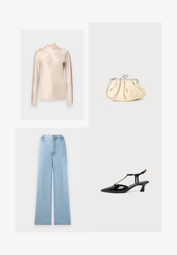 Rabanne Camiseta de manga larga - skin nude; Jeans de mezclilla de corte ancho en azul claro con una cintura alta, con cinco pasadores para cinturón, cierre frontal con botón y costuras cosidas.; Zapato slingback de cuero charol negro con punta fina, tira en T y tacón bajo en bloque inclinado sobre fondo blanco.; Clutch de cuero beige plisado con un marco de metal plateado, que cuenta con dos broches decorativos redondos y una correa de cadena plateada.