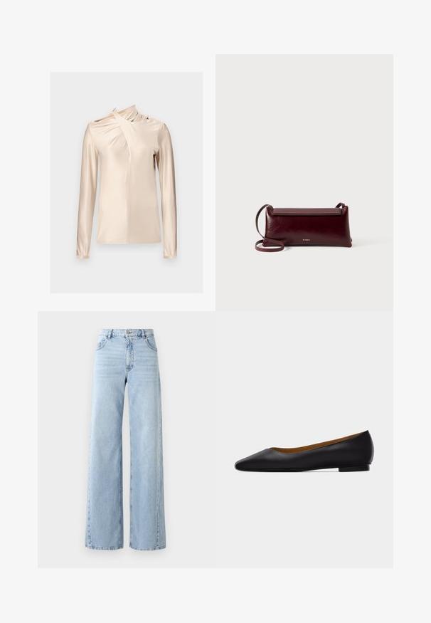 Rabanne Langarmshirt - skin nude; Weite helle blaue Jeans mit hoher Taille, fünf Taschen und ausgewaschenem Look. Verfügt über gesteppte Details und einen geraden Schnitt am Saum.; Schwarzer flacher Schuh aus Leder mit spitz zulaufender Vorderkappe, niedrigem Absatz und glatter Oberfläche, von der Seite vor einem hellgrauen Hintergrund dargestellt.; Burgunderfarbene Leder-Umhängetasche mit glatter Textur, rechteckiger Form, Klappenverschluss und einem dünnen, verstellbaren Trageriemen. Sichtbares goldfarbenes Logodesign.