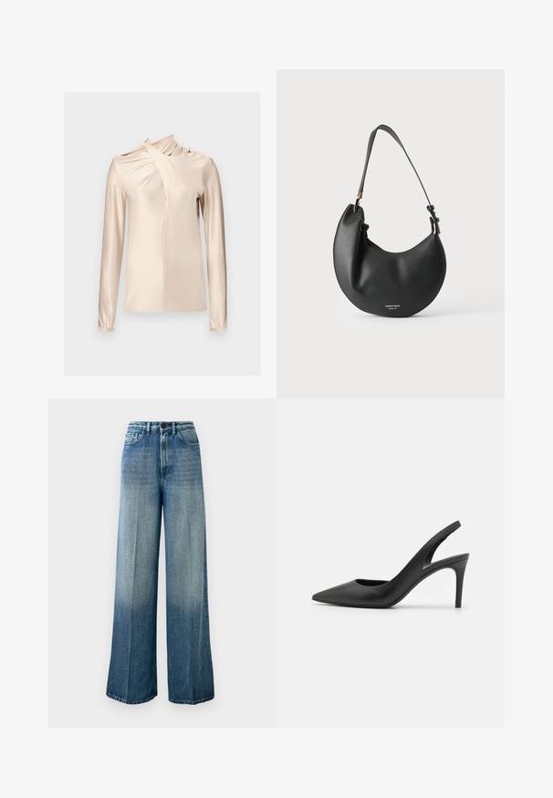 Rabanne Camiseta de manga larga - skin nude; Jeans de mezclilla de pierna ancha en azul claro. Presentan una cintura alta, diseño clásico de cinco bolsillos y un degradado desvaído de oscuro a claro.; Zapatos de tacón alto de cuero negro con diseño de punta afilada, que presentan un corte en la parte delantera y un delgado tacón de aguja.; Bolso de cuero negro en forma de media luna con correa ajustable y pequeño texto de logo blanco en el frente contra un fondo claro.