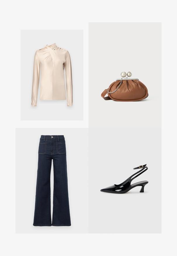 Rabanne Langarmshirt - skin nude; Dunkelblaue ausgestellte Jeans aus Denim mit hoher Taille, die zwei hintere Taschen und kontrastierende Nähte entlang der Säume aufweist.; Schwarze Lackleder Slingback-Absätze mit spitzem Schuhblatt, niedrigem Blockabsatz und verstellbarem Knöchelriemen mit goldener Schnalle.; Braune Leder-Clutch mit silbernem Kugelverschluss und einem kleinen silbernen Kettendetail auf weißem Hintergrund.