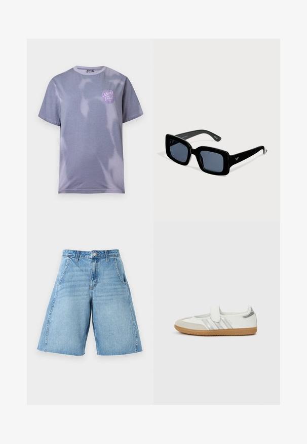 Μπλουζάκι με κοντά μανίκια σε μωβ tie-dye και λευκή στάμπα "Santa Cruz" μέσα σε μωβ κύκλο στο πάνω αριστερό μέρος του στήθους.; Ανοιχτό μπλε τζιν σορτς με μπροστινές τσέπες, θηλιές για ζώνη και κούμπωμα με κουμπί, εμφανιζόμενο σε λευκό φόντο.; Λευκό αθλητικό παπούτσι με ασημένιες ρίγες, μυτερή μύτη από σουέτ και λουράκι με βέλκρο. Υφή σόλας από λαστιχένιο καουτσούκ με ανάγλυφη επιφάνεια. Μινιμαλιστικός σχεδιασμός με ομαλή επιφάνεια.; Μαύρα γυαλιά ηλίου με τετράγωνο πλαίσιο, σκουρόχρωμους φακούς και μικρό λογότυπο στο πλαϊνό μέρος, παρουσιάζονται σε απλό ανοιχτόχρωμο φόντο.