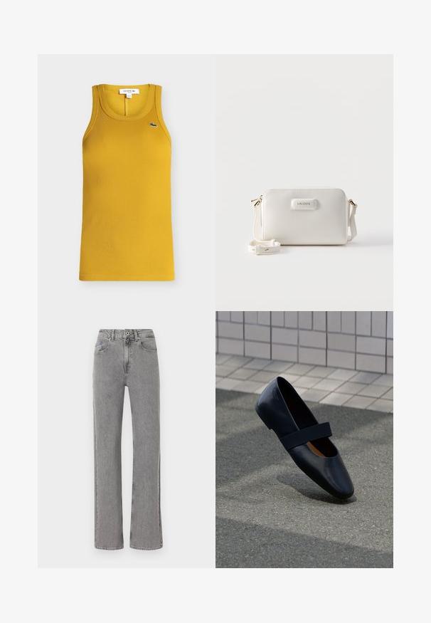 Débardeur côtelé jaune moutarde sans manches avec col rond et petit logo crocodile brodé en vert et blanc sur la poitrine.; Jean en denim gris à taille haute, coupe droite, avec bouton à l'avant, fermeture éclair, passants pour ceinture et design à cinq poches.; Chaussure plate en cuir noir avec un bout arrondi, dotée d'une douce sangle élastique noire sur le cou-de-pied. Texture lisse et design minimaliste.; Sac bandoulière rectangulaire blanc Lacoste avec sangle ajustable et détails dorés, présenté sur un fond blanc uni.