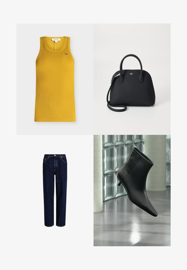 Débardeur côtelé jaune moutarde sans manches avec col rond et petit logo crocodile brodé en vert et blanc sur la poitrine.; Jeans en denim bleu foncé avec une coupe droite, dotés d'une taille haute, d'un style à cinq poches et de coutures contrastantes. Sans embellissements.; Bottine en cuir noir à bout pointu et petit talon kitten, présentée en angle devant un sol poli et un mur en blocs de verre.; Sac à main noir en matériau texturé, doté de deux poignées supérieures et d'une bandoulière amovible, avec un accent logo en argent.