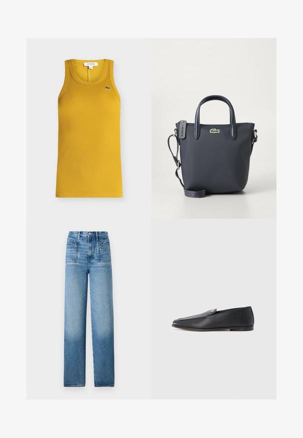 Débardeur côtelé jaune moutarde sans manches avec col rond et petit logo crocodile brodé en vert et blanc sur la poitrine.; Jean en denim bleu clair avec taille haute, coupe droite, poches avant et finition délavée au bas de l'ourlet.; Mocassins en cuir noir à texture lisse, bout arrondi et détails de couture subtils. Ils présentent un accent logo doré sur le côté supérieur.; Sac à main bleu marine en tissu texturé, avec deux poignées supérieures et une bandoulière détachable. Il présente un petit logo Lacoste et une fermeture éclair.