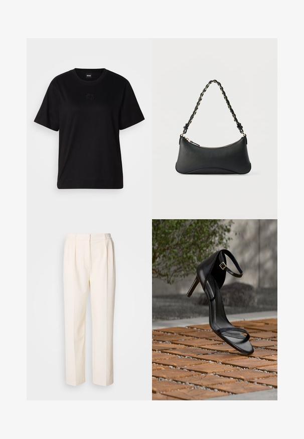 Schwarzes Baumwoll-T-Shirt mit Rundhalsausschnitt, kurzen Ärmeln und aufgesticktem Logo auf der Brust. Einfacher, lässiger Schnitt ohne Muster.; Lacoste Stoffhose - lapland; Schwarze Sandalette mit hohem Absatz und Knöchelriemen schwebt über einem Holzboden im Freien vor verschwommenem Grün und Steinhintergrund.; Schwarze Lederschultertasche mit gewölbter rechteckiger Form, goldener Kette, die in den geflochtenen schwarzen Riemen eingewebt ist, und Reißverschlussverschluss oben.