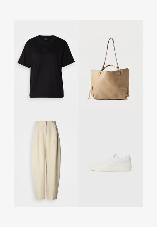 Schwarzes Baumwoll-T-Shirt mit Rundhalsausschnitt, kurzen Ärmeln und aufgesticktem Logo auf der Brust. Einfacher, lässiger Schnitt ohne Muster.; Beige plissierte Hose mit hohem Bund, weiten Beinen und glatter Textur. Entworfen mit vorderen Taschen und einer maßgeschneiderten Passform.; Weiße niedrige Sneakers mit einem Obermaterial aus strukturiertem Leder, dezenten Nähten, goldenen Hardware-Akzenten und einer strukturierten Gummisohle.; Beige Ledertasche mit zwei langen Schulterriemen, einer strukturierten Oberfläche und einem minimalistischen Design. Sie verfügt über einen offenen oberen Teil und seitliche Bindungen.