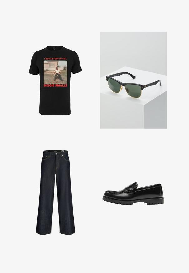 Sort bomulds T-shirt med et vintage billede og rød tekst, der står "I GOT A STORY TO TELL BIGGIE SMALLS" under billedet.; Mørkeblå vidbenede jeans med frontknap, lommer og synlige orange syninger på hvid baggrund.; Sort læderloafer med en kraftig gummisål og klassiske penny-strap detaljer, vist fra ydersiden.; Ray-Ban solbriller med grønne linser, sorte plastikstel og gyldne detaljer ved kanterne. Firkantet form med mat finish.