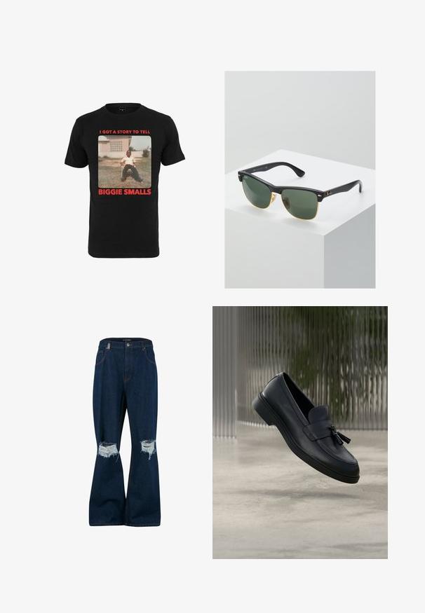 Schwarzes Baumwoll-T-Shirt mit einem Vintage-Foto und rotem Text, der unter dem Bild "ICH HABE EINE GESCHICHTE ZU ERZÄHLEN BIGGIE SMALLS" lautet.; 2Y Studios ANDUIN RIPPED BAGGY - Baggy Jeans - raw; Schwarze Leder-Loafer mit glatter Textur, gerundeter Zehenpartie und dekorativen Quasten vorne. Flexible Gummisohle mit niedrigem Absatz.; Ray-Ban Sonnenbrillen mit grünen Gläsern, schwarzen Kunststoffrahmen und goldenen Akzenten an den Rändern. Quadratische Form mit matter Oberfläche.