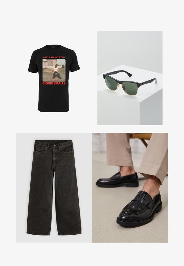 Sort bomulds T-shirt med et vintage billede og rød tekst, der står "I GOT A STORY TO TELL BIGGIE SMALLS" under billedet.; Sorte vidde jeans med frontknap og lynlås, bæltestropper og fem lommer, lagt fladt på en hvid baggrund.; Sorte lædermokkasiner med en glat overflade, der har en dekorativ rem og kontraststing, parret med beige bukser.; Ray-Ban solbriller med grønne linser, sorte plastikstel og gyldne detaljer ved kanterne. Firkantet form med mat finish.