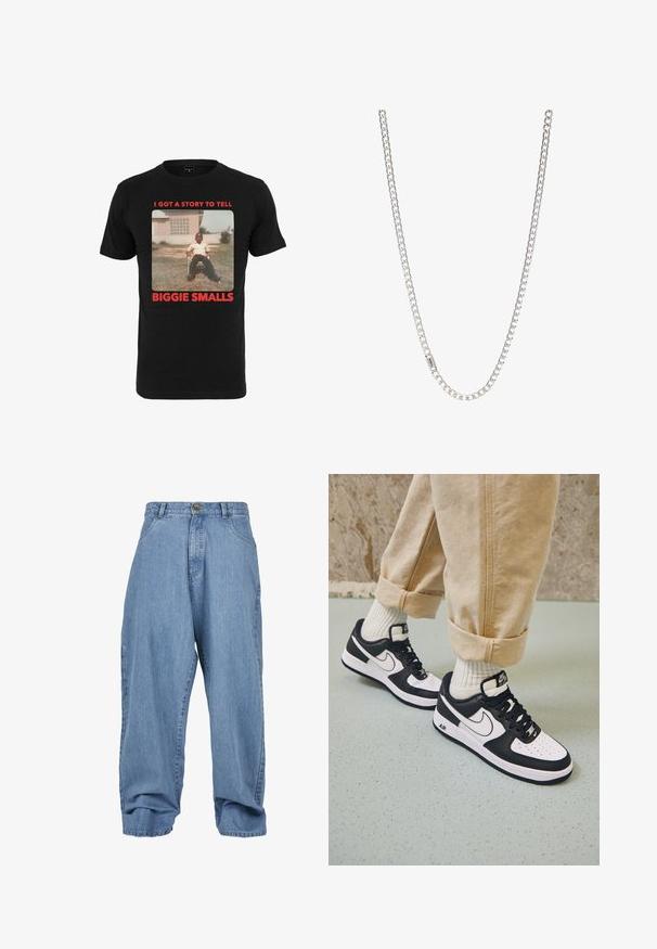 Schwarzes Baumwoll-T-Shirt mit einem Vintage-Foto und rotem Text, der unter dem Bild "ICH HABE EINE GESCHICHTE ZU ERZÄHLEN BIGGIE SMALLS" lautet.; Hellblaue Jeanshosen mit lockerem Schnitt, Knopfverschluss, frontalen Taschen und umgeschlagenem Saum, ausgestattet mit einem klassischen Fünf-Taschen-Design.; Schwarz-weiße Nike Air Force 1 Sneaker mit einem Obermaterial aus Leder, perforierter Zehenpartie und strukturiertem Sohlendesign, getragen mit aufgerollten beigen Hosen und weißen Socken.; Silberne Kettenhalskette mit ineinandergreifenden Gliedern, glatter Textur und einheitlicher rechteckiger Form. Sicherer Verschluss.