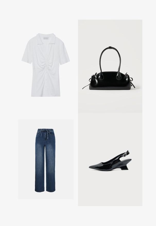 Hvid kortærmet blouse med krave, der har en snoet knude detalje foran og en knaplukning. Glat ribbet tekstur.; Blå denimjeans med høj talje og vide ben, forlommer foran og et matchende stofbælte bundet i taljen.; Sort laklæder slingback sko med spids tå og lav vinklet blokhæl på ensartet lys baggrund.; Lille sort blank håndtaske med to lange håndtag og snøre-detaljer i siden på en ensfarvet lys baggrund.
