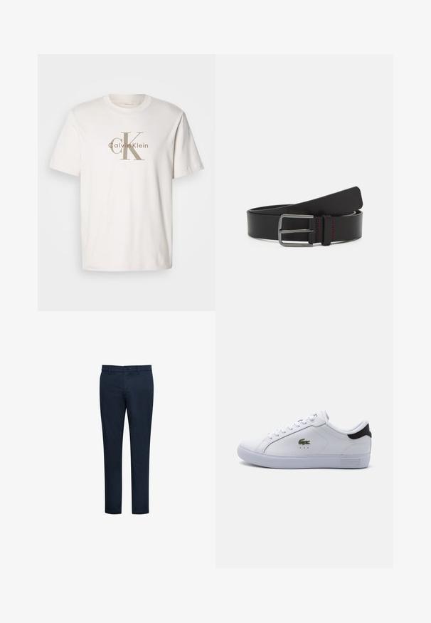 Witte katoenen t-shirt met korte mouwen met een beige "cK Calvin Klein" logo gedrukt over de borst, ronde halslijn en een losse pasvorm.; Marineblauwe chino's met een gladde textuur, slim fit, riemlussen, voorzakken en een knoopsluiting. Strak ontwerp en minimale details.; Witte leren sneaker met een gladde textuur, ronde neus, vetersluiting aan de voorkant, groen krokodillenlogo en een zwarte acccent bij de hiel.; Zwarte leren riem met een plat ontwerp, metalen gesp en rode stikseldetails. Gladde textuur en ronde uiteinden.