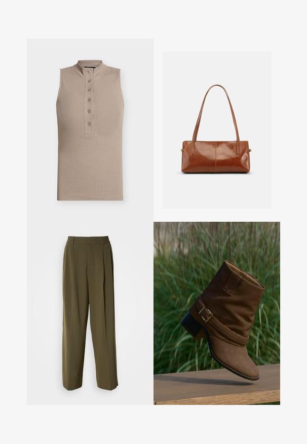 Haut sans manches beige avec un col montant, texture côtelée et une patte de boutonnage à six boutons sur le devant. Design simple et coupe ajustée.; Pantalons à jambes larges vert olive en tissu lisse, dotés d'une taille haute, de plis sur le devant et de poches latérales pour plus de fonctionnalité.; Bottine en daim marron avec un design plié, une boucle dorée en accent, et un talon noir texturé, posée sur un fond vert flou.; Sac à main rectangulaire en cuir marron avec deux longues bandoulières, finition lisse et brillante, au design minimaliste sur un fond uni.