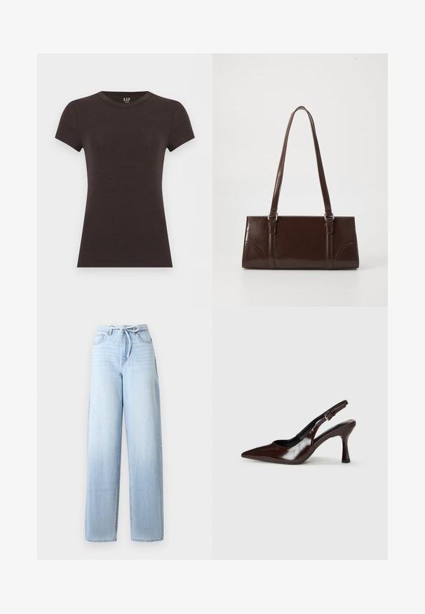 T-shirt noir à manches courtes, ajusté, à col rond, avec logo GAP à l'intérieur du col, sur un fond clair.; Jean large taille haute bleu clair avec poches avant et fermeture à lien à nouer.; Talons slingback en cuir verni brun avec un bout pointu, un talon fin, et une sangle réglable avec une petite boucle.; Sac à main en cuir verni marron de forme rectangulaire, avec deux longues poignées et des accents courbés subtils à l'avant.