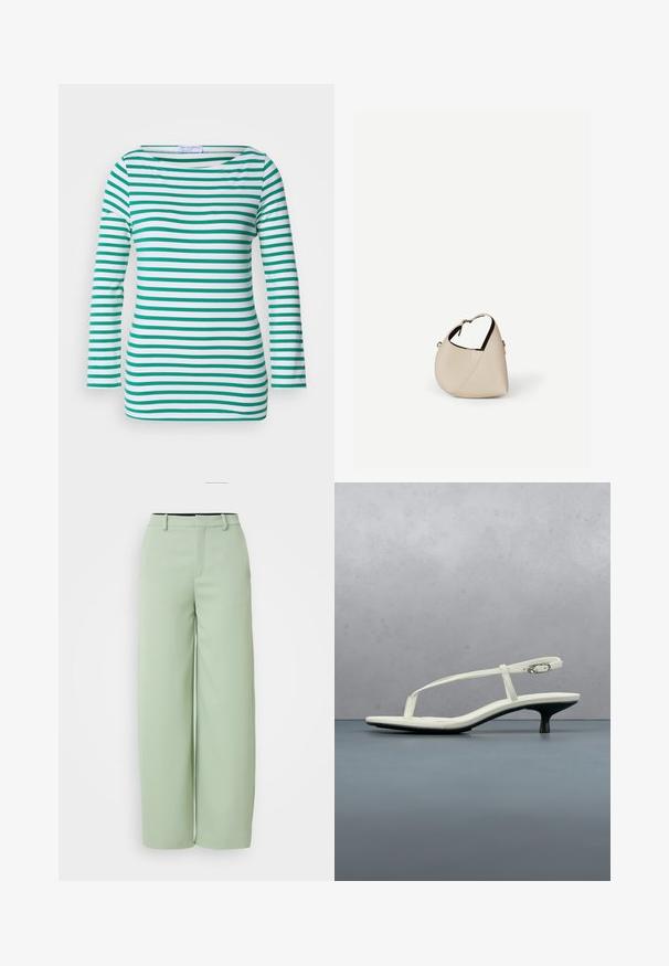 Top de manga larga a rayas en blanco y verde, con rayas horizontales, escote barco y un diseño ajustado. Textura de tejido suave.; Pantalones de pierna ancha de un verde claro, fabricados con una tela suave. Presentan un frente plano, lazos para cinturón y un corte ajustado sin herrajes visibles.; Sandalia blanca de tacón kitten con tiras y punta afilada, flotando sobre un suelo de baldosas de madera al aire libre, con un fondo desenfocado de plantas y pared.; Bolso de cuero beige en forma de media luna con una sola correa para el hombro y costuras mínimas, colocado sobre un fondo blanco liso.