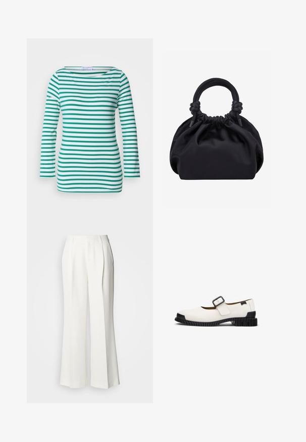 Top de manga larga a rayas en blanco y verde, con rayas horizontales, escote barco y un diseño ajustado. Textura de tejido suave.; Pantalones blancos de pierna ancha con pliegues frontales, una cinturilla con trabillas para cinturón y bolsillos laterales, mostrados sobre un fondo claro.; Zapato de cuero blanco con suela de goma negra, con una correa decorativa con hebilla y diseño de punta redondeada. Material texturizado y colores contrastantes.; Bolso de mano de tela negra suave con parte superior fruncida y asas acolchadas circulares atadas con nudos a cada lado.