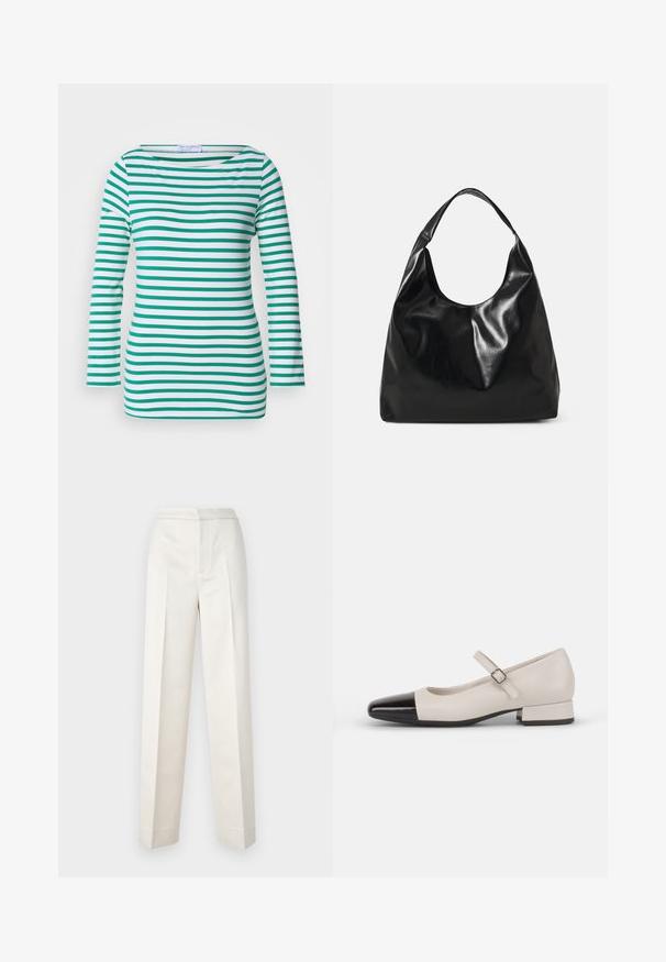 Top de manga larga a rayas en blanco y verde, con rayas horizontales, escote barco y un diseño ajustado. Textura de tejido suave.; Pantalones color crema con un corte ajustado, que presentan una pierna recta, tejido suave, pliegues frontales y un dobladillo limpio. Diseño minimalista.; Zapato estilo Mary Jane en cuero crema con puntera de charol negro. Presenta una punta redonda, tirante en el tobillo con una hebilla cuadrada y un tacón bajo y cuadrado.; Bolso hobo de cuero negro con una textura suave y brillante y un diseño de parte superior redondeada y abierta. Cuenta con una amplia correa curvada para llevar. Sin hardware visible.