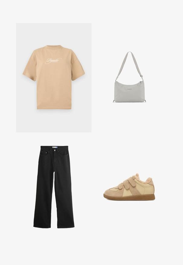 Beige Baumwoll-T-Shirt mit kurzen Ärmeln, rundem Halsausschnitt und weißem, geschwungenem Text auf der Vorderseite mit der Aufschrift "Pegador Dreams Come True."; Schwarze Jeans mit weitem Bein, Frontknopf, Reißverschluss, Gürtelschlaufen und Fünf-Taschen-Design.; Beige Sneaker mit Klettverschlüssen, ausgestattet mit einem weichen, fellähnlichen Futter und einer strukturierten Gummisohle für besseren Halt. Obermaterial aus Wildleder und synthetischen Materialien.; Grau Schultertasche aus glattem Stoff. Verfügt über eine abgerundete Form, einen verstellbaren Trageriemen und einen Reißverschluss mit minimalem Branding.
