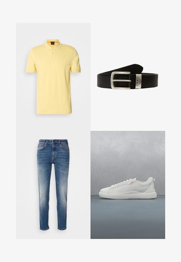 Gul polo skjorte lavet af en bomuldsblanding, med en tre-knap lukning og et lille logo på venstre bryst. Korte ærmer.; Blå denimjeans med lige ben, let falmet finish, klassisk fem-lomme-design og lynlås med knaplukning.; Hvide sneakers med en glat læderfinish, rund tå, fire snørehuller, subtile perforeringer og en rød logo detalje på siden.; Sort læderbælte med en sølv rektangulær spænde og et logo-akkord. Teksturen virker glat med en lille korn.