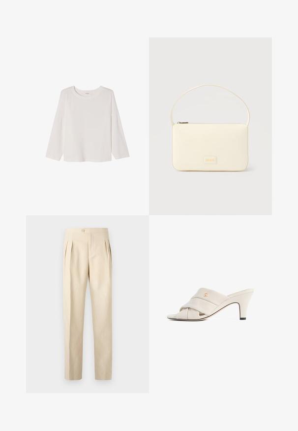 Hvid langærmet ribstrikket top med rund hals og en let løs pasform, vist fladt på en hvid baggrund.; Beige, højtaljede bukser med frontfolder, enkelt knaplukning og lige ben. Fremstillet af et struktureret, vævet stof.; Beige højhælede mules med et snoet læderstropdesign, åben tå og præget logoaccent. Hælen har en sort spidsdetalje.; Kremfarvet rektangulær håndtaske med en enkelt rem og lynlås øverst, med en lille præget logo-plakette foran.