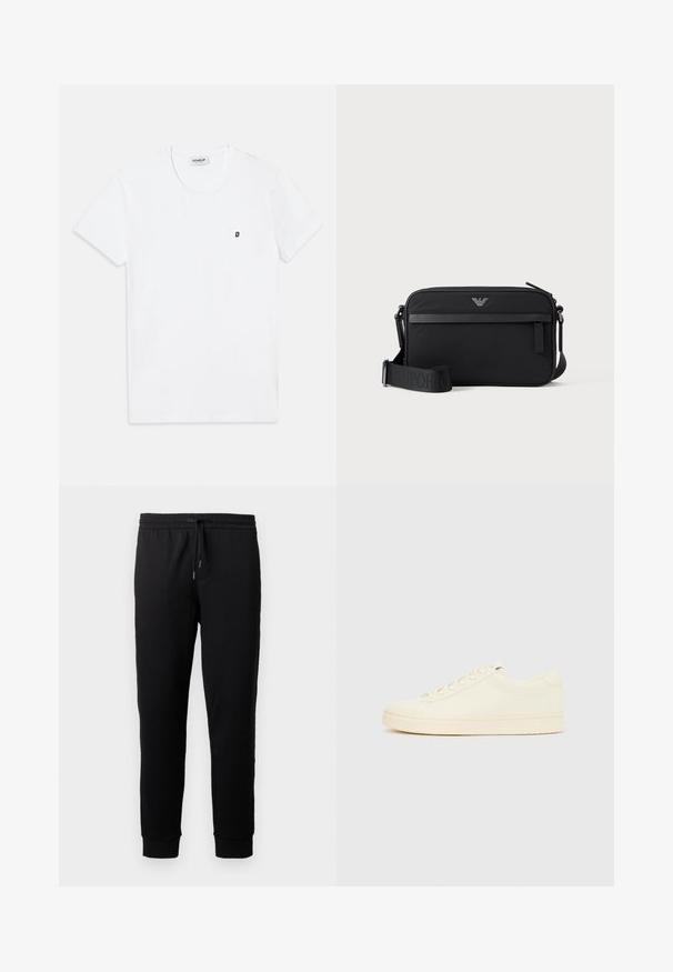 Camiseta blanca de algodón con cuello redondo y mangas cortas. Presenta un pequeño logo negro con una "D" en la parte izquierda del pecho.; Pantalones de chándal negros hechos de una tela suave con cintura elástica y cordón. Presenta perneras ajustadas con puños acanalados.; Zapatilla de color crema con parte superior de cuero liso, puntera redondeada, cierre de cordones y suela de goma texturizada. Diseño minimalista, sin logotipos.; Bolso bandolera rectangular negro con bolsillo frontal con cremallera, correa ajustable y pequeño logo metálico en el centro superior.