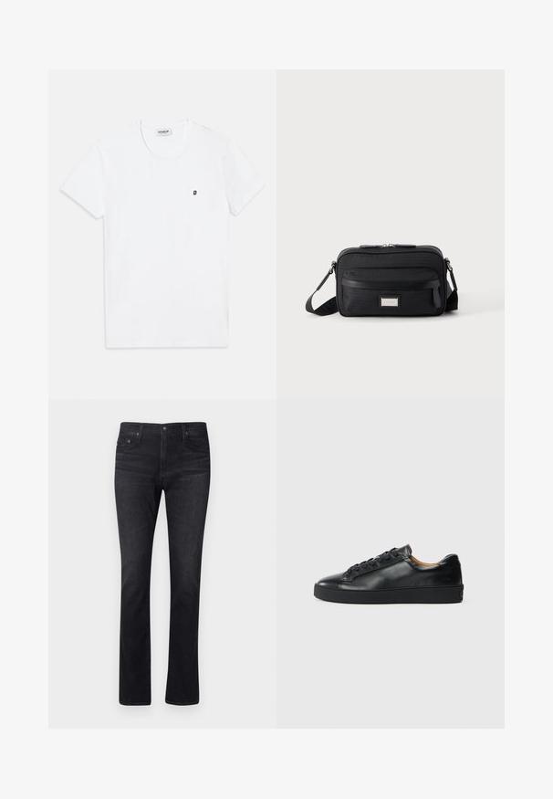 Camiseta blanca de algodón con cuello redondo y mangas cortas. Presenta un pequeño logo negro con una "D" en la parte izquierda del pecho.; Jeans de mezclilla oscura con corte recto, que presentan un diseño clásico de cinco bolsillos y costuras sutiles. La tela tiene una textura suave.; Zapatilla negra de cuero con una textura suave, puntera redonda y cierre de cordones. Presenta una suela de goma gruesa y un detalle de marca mínimo.; Bolso bandolera rectangular negro con bolsillo frontal con cremallera, correa ajustable y placa de logo rectangular plateada sobre fondo liso.