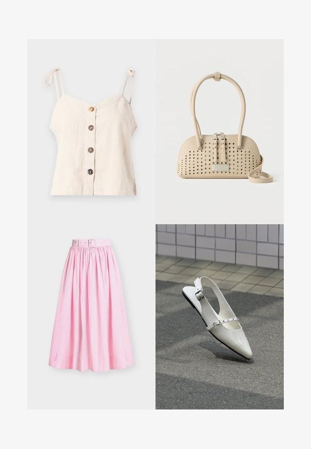 Camisole en lin beige clair avec des bretelles réglables, comportant cinq boutons en bois sur le devant et un design ample.; Jupe midi en vichy rose et blanc avec plis et ceinture assortie en tissu avec boucle à la taille.; Chaussure plate slingback blanche pointue avec deux boucles argentées, présentée en extérieur sur un sol texturé et un mur carrelé en arrière-plan.; Sac à main en cuir beige avec des trous perforés, deux tirettes de fermeture éclair, doubles poignées et une longue bandoulière, posé sur un fond uni.