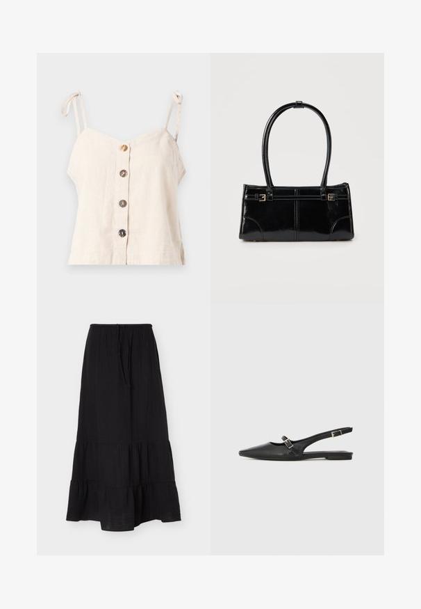 Camisole en lin beige clair avec des bretelles réglables, comportant cinq boutons en bois sur le devant et un design ample.; Jupe noire longueur cheville avec volants superposés et taille élastique avec cordon de serrage, en tissu léger texturé.; Chaussures slingback en cuir noir avec un bout pointu, comprenant une lanière étroite et un accent de boucle argentée sur le côté. Semelle plate.; Sac à main rectangulaire noir brillant avec deux fines bretelles et petits détails de boucles dorées à l'avant.