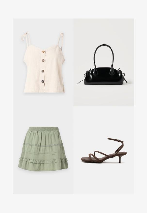 Camisole en lin beige clair avec des bretelles réglables, comportant cinq boutons en bois sur le devant et un design ample.; Jupe en coton vert avec une taille smockée, des volants superposés et un motif en dentelle décorant la section centrale.; Sandale marron à talons hauts avec fines lanières croisées et bride de cheville avec boucle argentée sur fond blanc.; Petit sac à main noir brillant avec deux longues anses et des détails à cordon sur les côtés sur un fond clair uni.