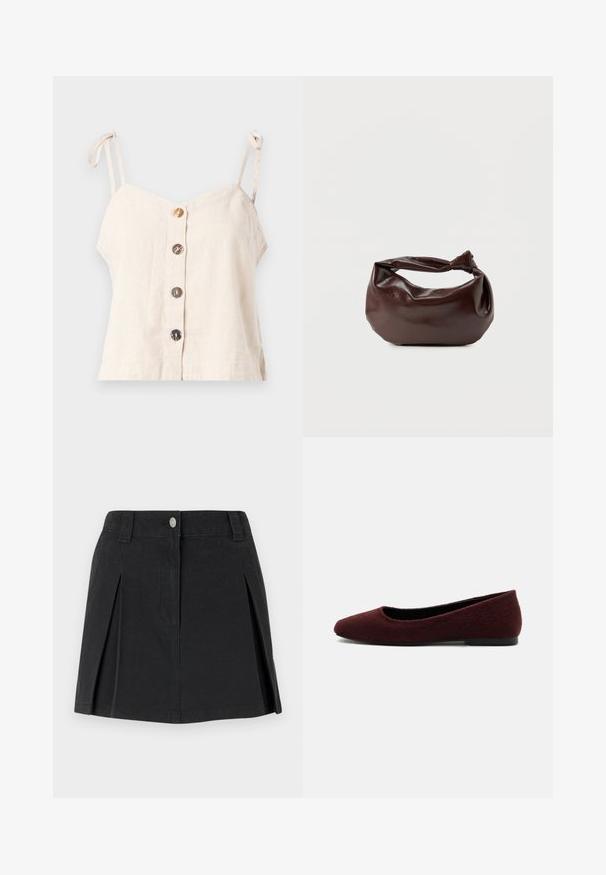 Camisole en lin beige clair avec des bretelles réglables, comportant cinq boutons en bois sur le devant et un design ample.; Jupe en denim noir avec plis, dotée d'une fermeture à bouton à l'avant, de passants de ceinture et de poches latérales. Texture lisse et design élégant.; Chaussure plate femme bordeaux à bout arrondi et tissu texturé, semelle noire basse, vue de côté sur fond blanc.; Sac bandoulière en cuir marron foncé avec une forme souple et décontractée et une anse nouée torsadée sur un fond blanc uni.