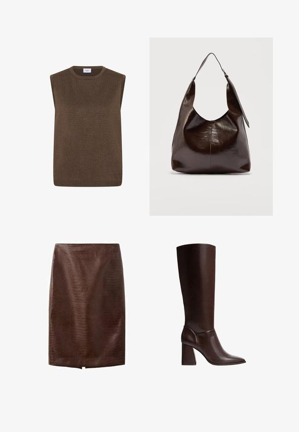 Bruine mouwloze gebreide sweatervest met ronde hals en geribbelde randen, gelabeld "Saint Tropez" aan de binnenkant van de kraag.; Donkerbruine kokerrok van nep krokodillenleer met een kleine voorste split aan de zoom, knielengte, zonder zichtbare sluitingen of versieringen.; Bruine leren kniehoog laars met een puntige neus en blokhak, voorzien van een gladde textuur en een strakke vormgeving. Aangevuld met stiksels bij de enkel.; Donkerbruine glanzende leren schoudertas met een enkele brede riem en gespsdetail aan één kant, tegen een effen lichte achtergrond.