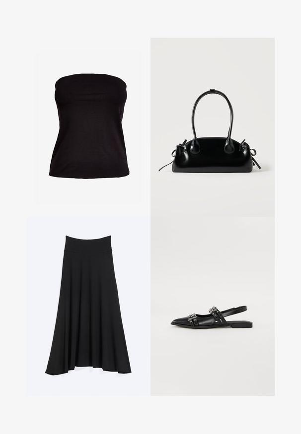 Haut noir sans bretelles en tissu extensible. Texture lisse avec une silhouette ajustée, sans coutures visibles ni ornements.; Jupe noire taille haute en forme trapèze avec une large ceinture, un ourlet évasé et une texture de tissu lisse, présentée sur un fond clair uni.; Even&Odd by Zalando Ballerines à brides arrière - black; Petit sac à main noir brillant avec deux longues anses et des détails à cordon sur les côtés sur un fond clair uni.