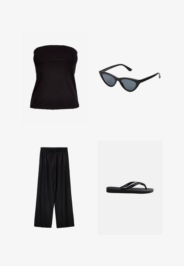Haut noir sans bretelles en tissu extensible. Texture lisse avec une silhouette ajustée, sans coutures visibles ni ornements.; Pantalon ample noir à taille élastique avec cordon de serrage devant, fabriqué en tissu léger.; Sandale tong noire en caoutchouc avec semelle texturée et brides lisses, vue de côté sur un fond gris clair uni.; Lunettes de soleil noires en forme d'œil de chat avec des verres gris foncé, monture en plastique élégante, coins pointus et branches droites. Pas de métal visible ni d'accents.