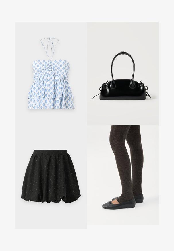 Hollister Co. STRAPLESS CONVERTIBLE DOUBLE TIER BABYDOLL - Top - white; Sort bubble nederdel med elastisk talje og hvid prikket mønster. Lavet af letvægtsstof, med et voluminøst design og buet kant.; Ben iført mørke ribbede leggings kombineret med sorte balletsko med små sløjfedetaljer på hvid baggrund.; Lille sort blank håndtaske med to lange håndtag og snøre-detaljer i siden på en ensfarvet lys baggrund.