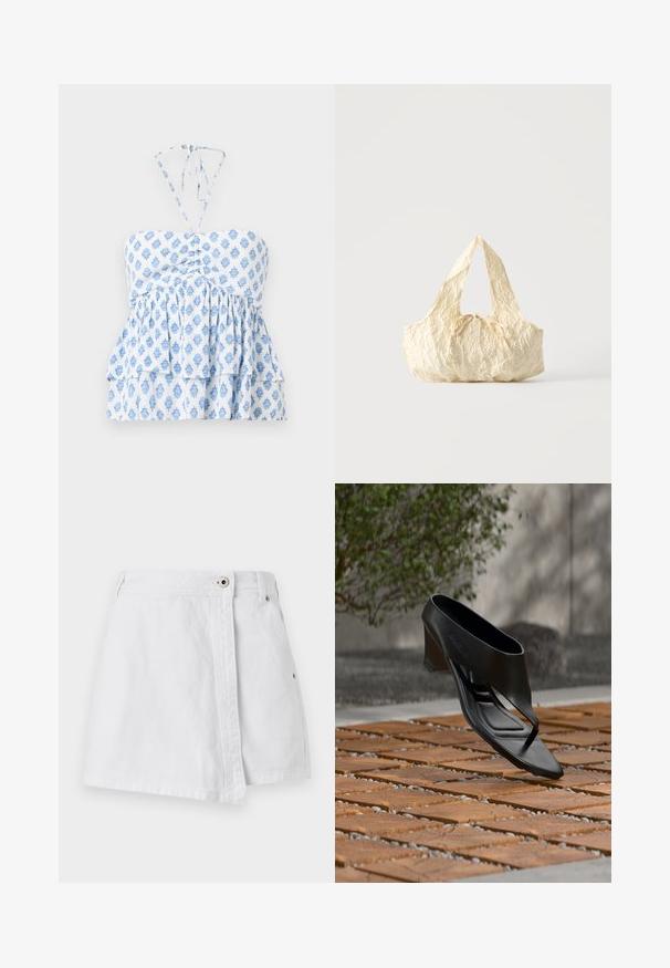 Hollister Co. STRAPLESS CONVERTIBLE DOUBLE TIER BABYDOLL - Top - white; Hvid denim mini skirt med knaplukning foran, lige snit og diskret syning. Har en ren, glat tekstur.; Sort højhælet sandal med thongsrem, svævende over et mønstret træ- og grusbelagt udendørsareal med sløret grønt område og væg i baggrunden.; Håndtaske i cremefarvet tekstureret stof med top-håndtag og en lille bundet sløjfe-detalje midt foran.