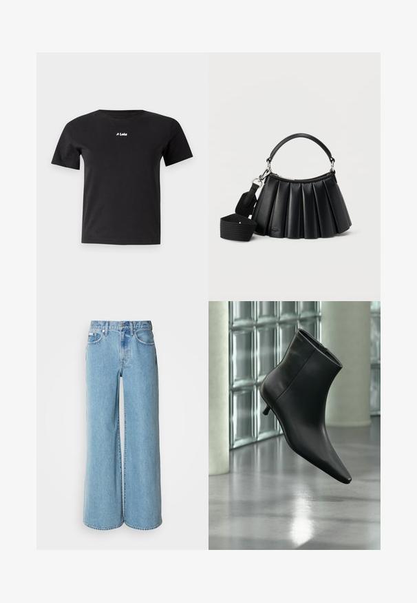 LOIS Jeans NEW EMMA CENTER - Βασικό μπλουζάκι - black; Ανοιχτό μπλε τζιν παντελόνι με φαρδιά γραμμή, κατασκευασμένο από denιμ, με ψηλή μέση, πέντε τσέπες και ήπια ξεθωριασμένα σημεία στη βαλβίδα.; Μαύρο δερμάτινο μποτάκι αστραγάλου με μυτερή μύτη και χαμηλό τακούνι τύπου kitten heel, εμφανίζεται σε γωνία μπροστά σε γυαλισμένο πάτωμα και τοίχο από γυάλινους τούβλους.; Μαύρη δερμάτινη τσάντα με πιέτες, με κοντό χερούλι και αποσπώμενο φαρδύ υφασμάτινο ιμάντα ώμου, σε λευκό φόντο.