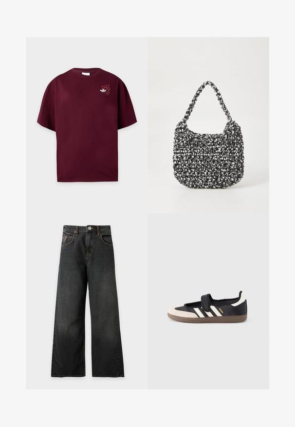 Maroon short-sleeve T-shirt with round neck and small white Adidas logo with floral embroidery on the left chest.; Black wide-leg denim jeans with front button closure and visible stitching, laid flat on a light background.; Black and beige sneaker with a velcro strap, three white stripes on the side, and a textured brown rubber sole. Brand logo visible.; Woven handbag in black and white with a rounded shape, textured surface, and a braided handle. Suitable for casual use.