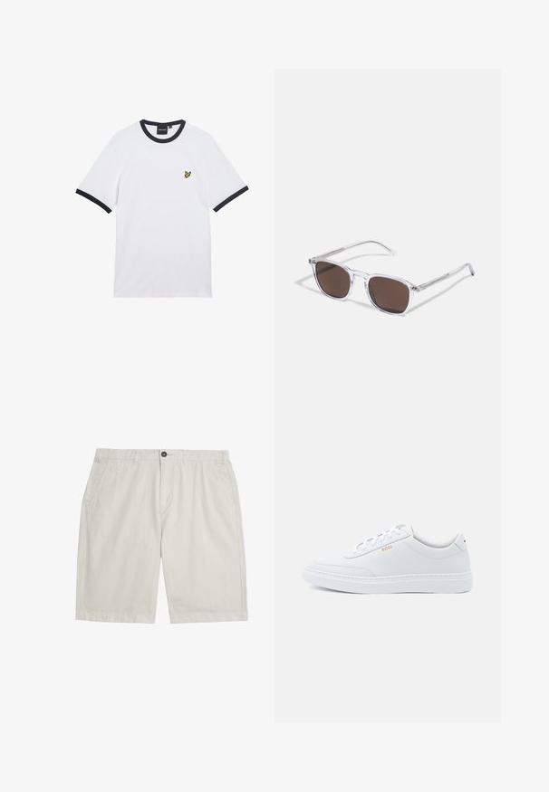 T-shirt en coton blanc avec col et bordures des manches côtelés bleu marine. Présente un petit logo jaune brodé sur la poitrine.; Shorts beiges clairs longueur genou avec poches avant, passants pour ceinture, fermeture à boutons et tissu lisse et propre.; Baskets blanches en cuir avec une texture lisse, bout rond et coutures tonales. Possède des lacets bleus et un logo doré sur le côté.; Lunettes de soleil en plastique transparent avec des verres marron rectangulaires, dotées de branches fines et transparentes ainsi que d'accents en métal sur les tempes.