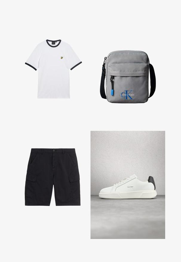 T-shirt en coton blanc avec col et bordures des manches côtelés bleu marine. Présente un petit logo jaune brodé sur la poitrine.; Shorts cargo noirs avec bouton et fermeture éclair à l'avant, deux poches latérales, deux poches cargo à rabat et passants pour ceinture.; Baskets blanches avec une tige en cuir lisse, des lacets plats et une semelle blanche surélevée. Présente un accent noir au talon et un logo embossé.; Sac bandoulière gris Calvin Klein avec poche zippée à l'avant, sangle noire réglable, et broderie du logo "cK" bleu à l'avant.