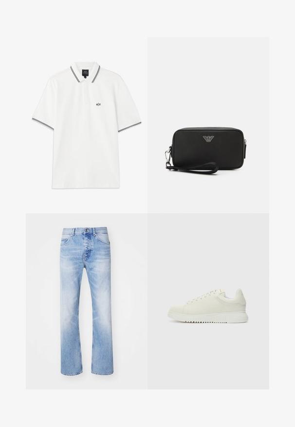 Hvid polo t-shirt med krave, korte ærmer, sort kant på kraven og ærmerne samt et lille sort logo på venstre bryst.; Lyseblå denim jeans med et lige ben-design, der har en klassisk fem-lommer stil og et subtilt falmet mønster.; Hvide lædersneakers med struktureret overdel, rund tå, flad hvid sål og tonede snørebånd. Subtil branding på tungen.; Sort syntetisk materiale pouch med lynlås, sølvlogo detalje, aftagelig håndledsrem og rektangulær form. Glat tekstur.