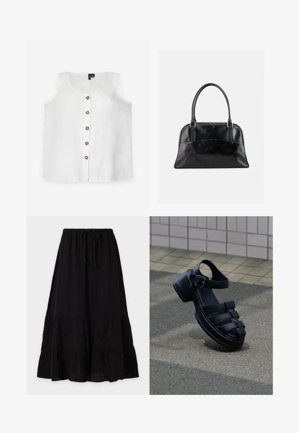 Débardeur blanc sans manches en tissu léger, doté d'un col rond et d'une fermeture à boutons sur le devant avec six boutons ronds marron.; Jupe noire longueur cheville à coupe ample, taille élastique avec cordon de serrage et design en volants superposés, présentée sur un fond uni.; Sandale en cuir noir à bout fermé, bride à la cheville, boucle en métal, semelle épaisse, reposant sur un trottoir gris près d'un mur carrelé.; Sac à main en cuir noir avec deux poignées supérieures arrondies et une poche avant légèrement incurvée, présenté sur un fond clair uni.