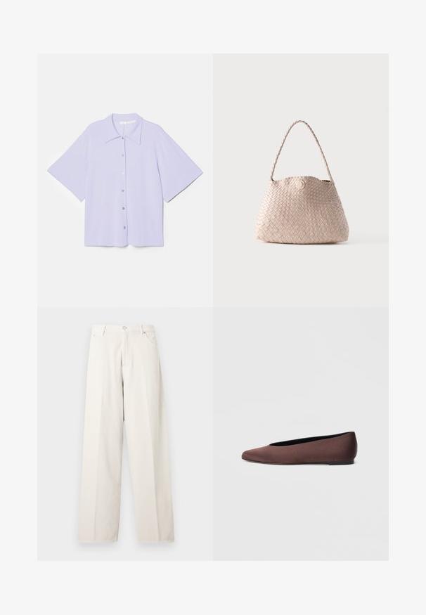 Chemise lavande à manches courtes avec col pointu, fabriquée en tissu lisse, dotée d'un devant boutonné et d'une silhouette carrée.; Pantalon ample couleur blanc cassé avec passants de ceinture, bouton à l'avant, fermeture éclair et poches latérales, présenté sur un fond clair uni.; Ballerines en tissu marron avec un bout pointu et une texture lisse, dotées d'un talon bas et d'une fine semelle noire. Aucune motif ni élément métallique visible.; Sac d'épaule en cuir tissé beige avec une forme arrondie et une anse tressée, doté d'une petite fermeture à bouton en cuir circulaire.